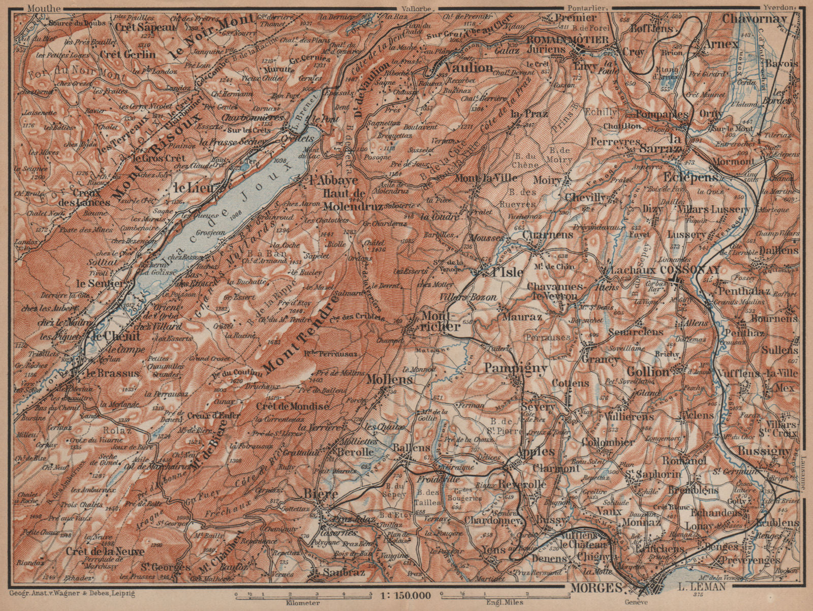 WESTERN JURA. Morges Cossonay Vaulion Mont Risoux/Tendre Lac de Joux 1901 map